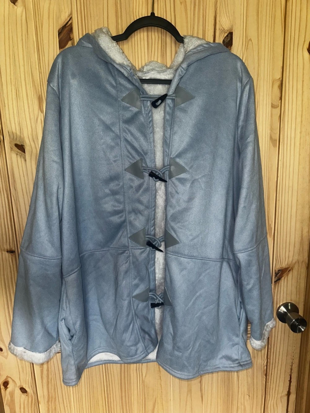Light Blue Hooded Faux-Shearling Toggle Coat